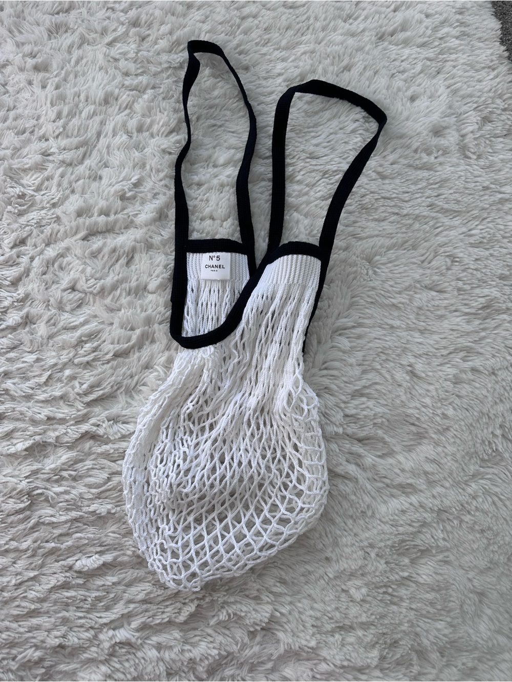 CHANEL White Mesh Tote with Black Trim